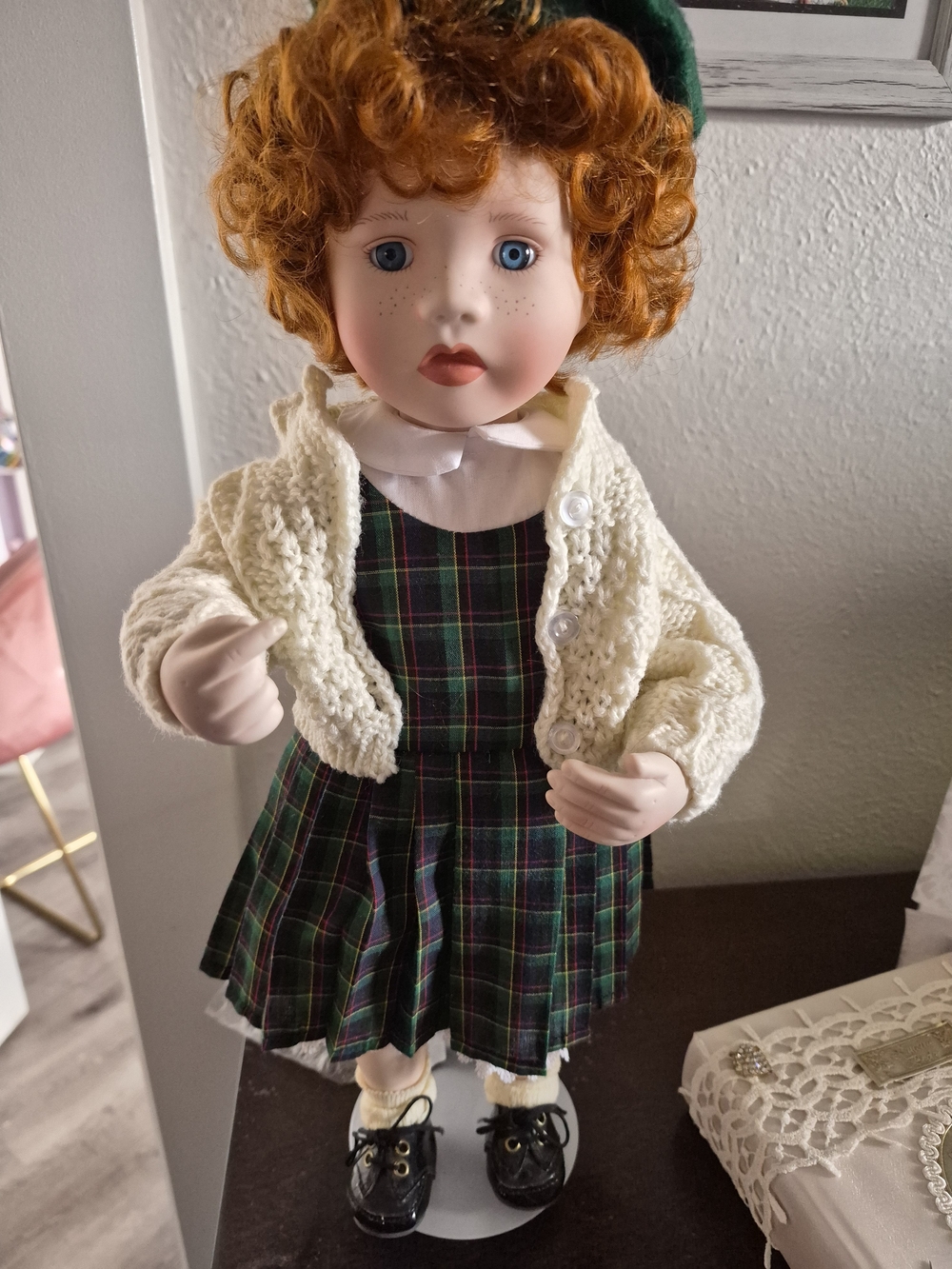 Karen Scott Porcelain Doll in Green Plaid Dress with Cream Cardigan